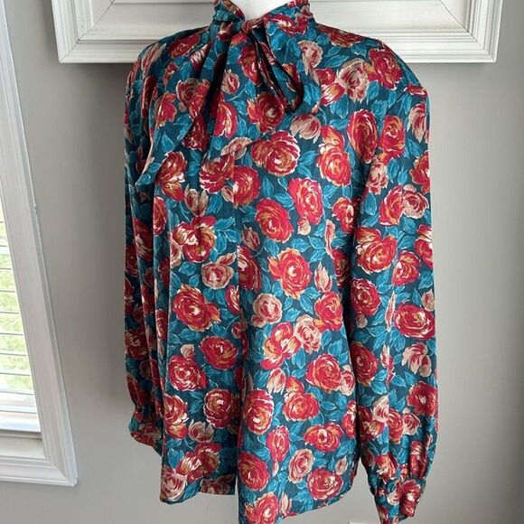 Vintage Pendleton Country Sophisticates Satin Blue Floral Longsleeve Blouse 12 - Picture 3 of 12